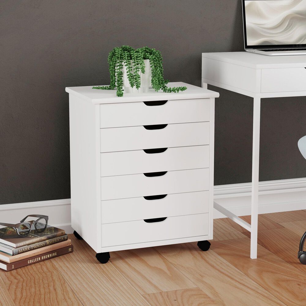 Linon Home Decor Cary 6-Drawer Wide Rolling Cart in White Wash, , large
