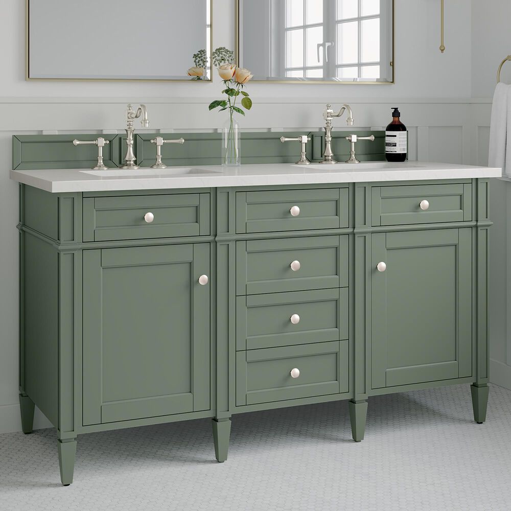 James Martin Vanities Brittany 60&quot; Double Bathroom Vanity in Smokey Celadon with 3 cm White Zeus Quartz Top and Rectangular Sinks, , large