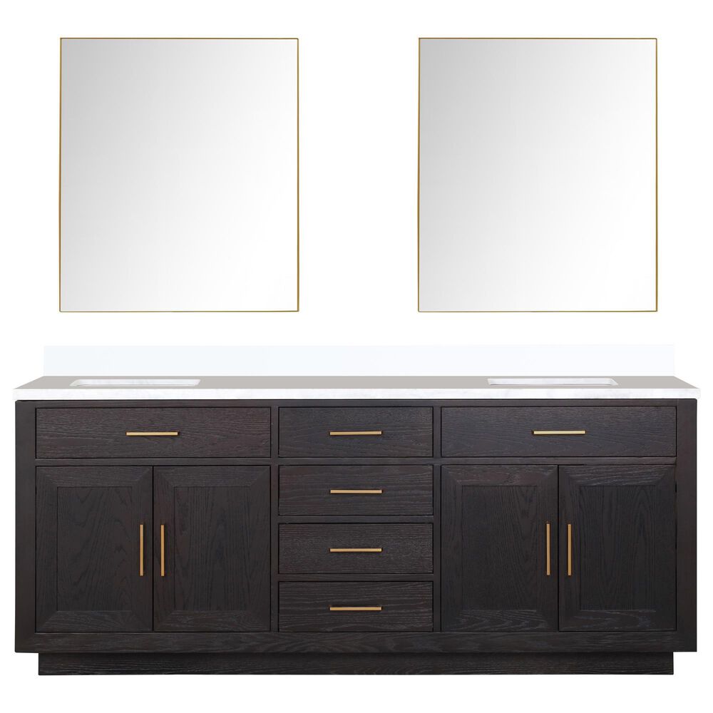 Lexora Home Abbey 80&quot; Double Bathroom Vanity in White Oak with 2 cm White Quartz Top, Rectangular Sinks and 30&quot; Mirrors, , large