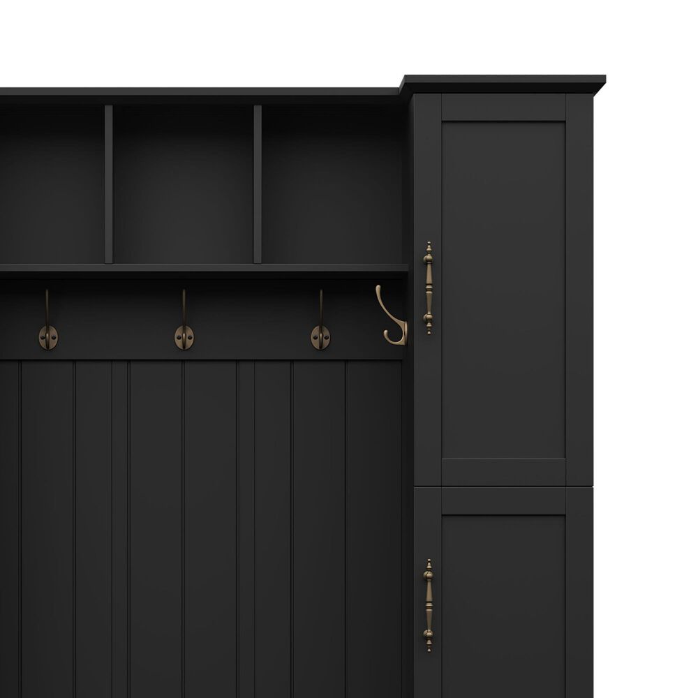 HOMLUX 5-Hook Hall Tree with 4 Side Cabinets and Storage Bench in Black, , large