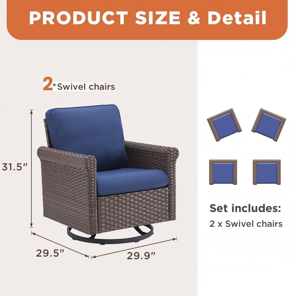 Sunwell Garden Patio Swivel Glider Chair with Brown Frame and Rolled Armrests in Navy (Set of 2), , large