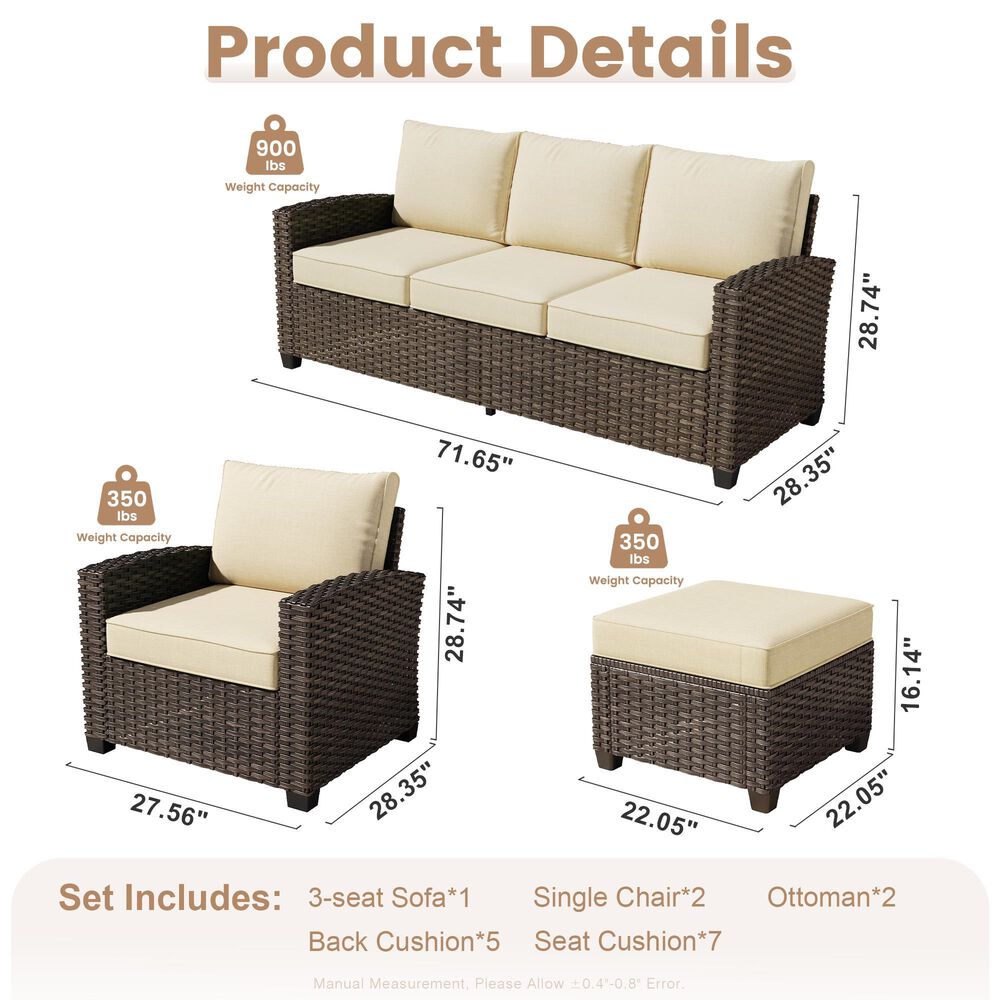 HOMLUX 5-Piece Patio Conversation Set with Brown Wicker in Beige, , large