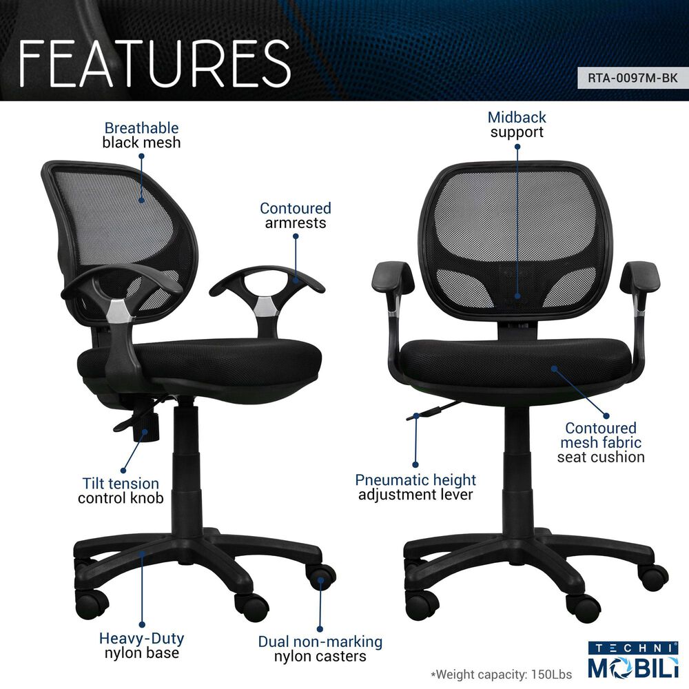 Rta Products Llc Midback Mesh Task Office Chair in Black, , large