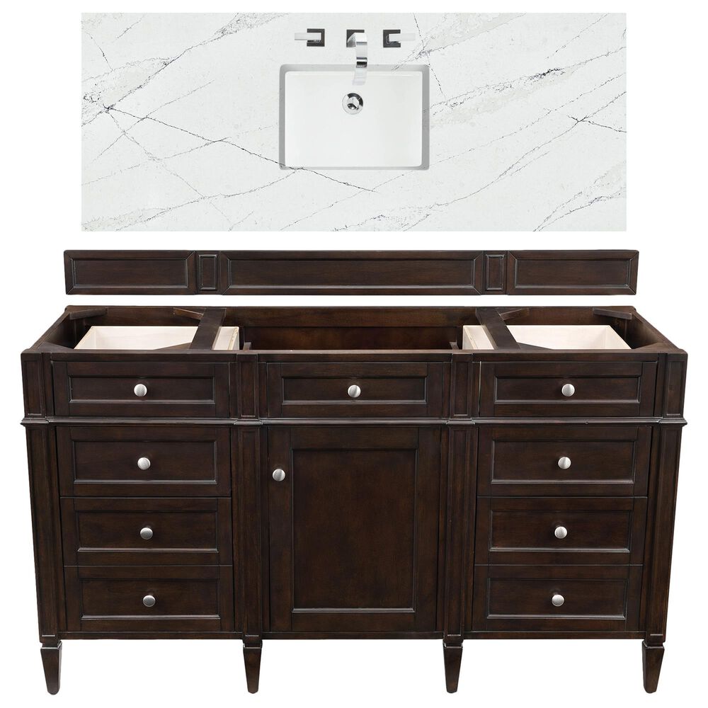 James Martin Vanities Brittany 60" Single Bathroom Vanity in Burnished Mahogany with 3 cm Ethereal Noctis Quartz Top and Rectangle Sink, , large