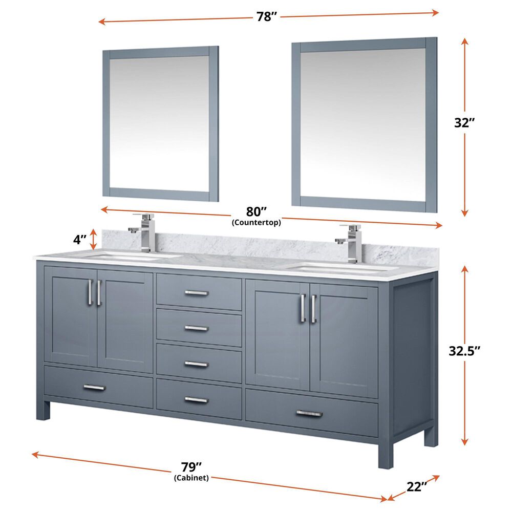 Lexora Home Jacques 80&quot; Double Bathroom Vanity in Dark Grey with 2 cm White Carrara Marble Top and Rectangular Sinks, , large