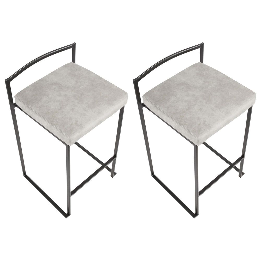 LumiSource Fuji 26" Stacker Counter Stool with Light Grey Cowboy Upholstery in Black (Set of 2), , large