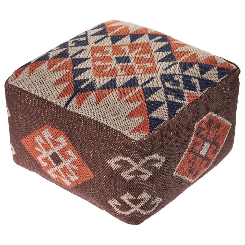 LR Home 18" Square Kilim Pouf in Brown and Orange, , large