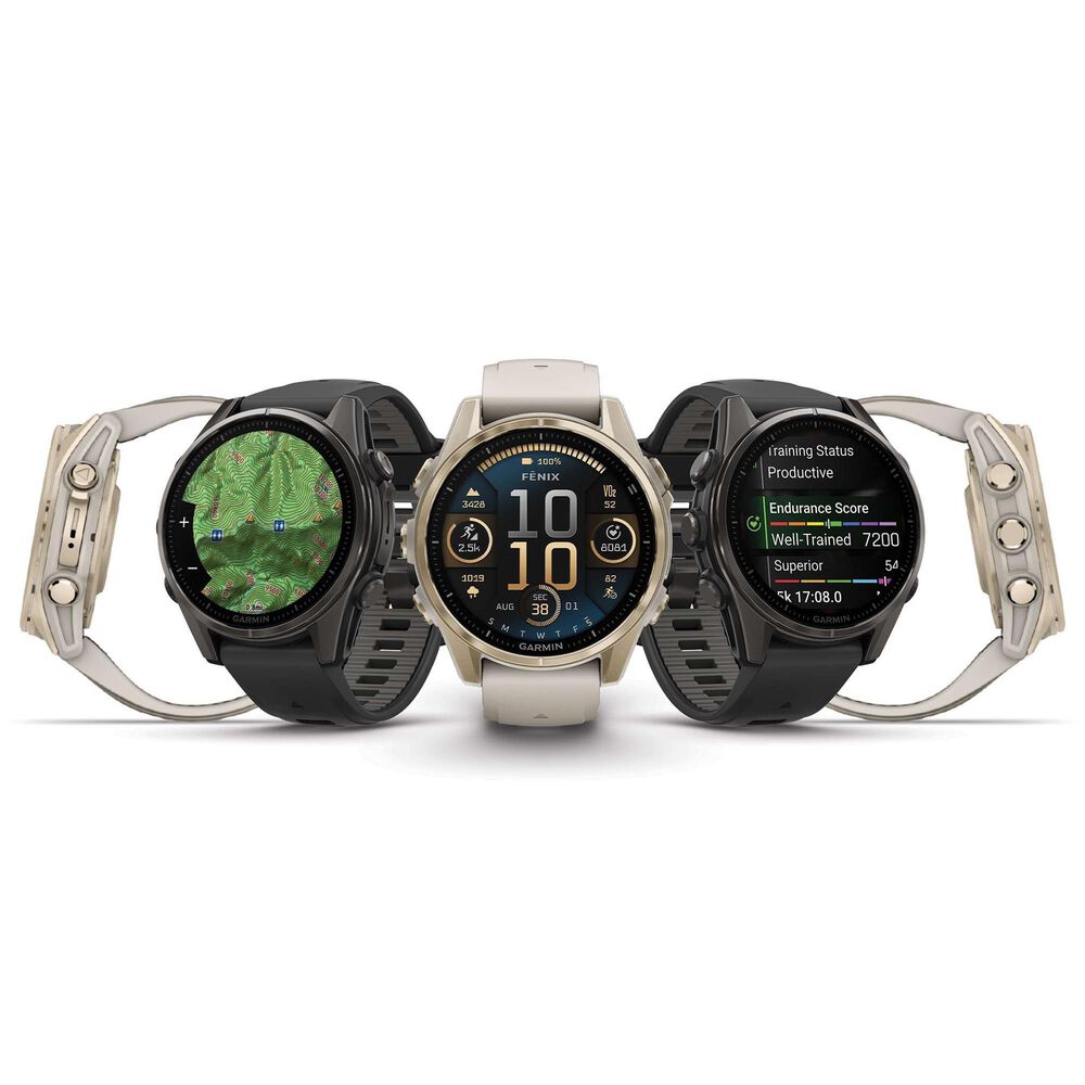 Garmin Fenix 8 Sapphire AMOLED Smartwatch 43mm Soft Gold Case with Fog Gray and Dark Sandstone Silicone Band, , large