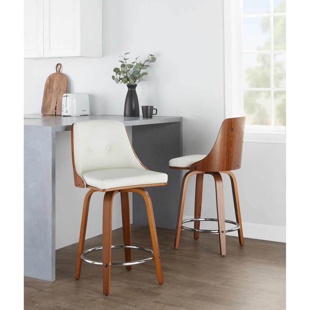Lumisource Gianna 24&quot; Swivel Counter Stool in Walnut and Chrome &#40;Set of 2&#41;, , large