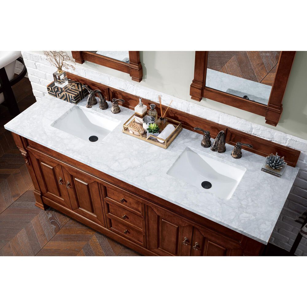 James Martin Vanities Brookfield 72&quot; Double Bathroom Vanity in Warm Cherry with 3 cm Carrara White Marble Top and Rectangle Sink, , large