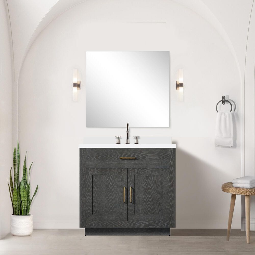 Lexora Home Abbey 36&quot; Single Bathroom Vanity in Black Oak with 2 cm White Cultured Marble Top and Rectangular Sink, , large