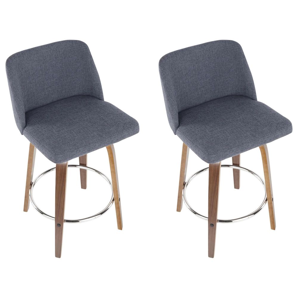 LumiSource Toriano Swivel Counter Stool with Blue Fabric Upholstery in Walnut and Chrome (Set of 2), , large