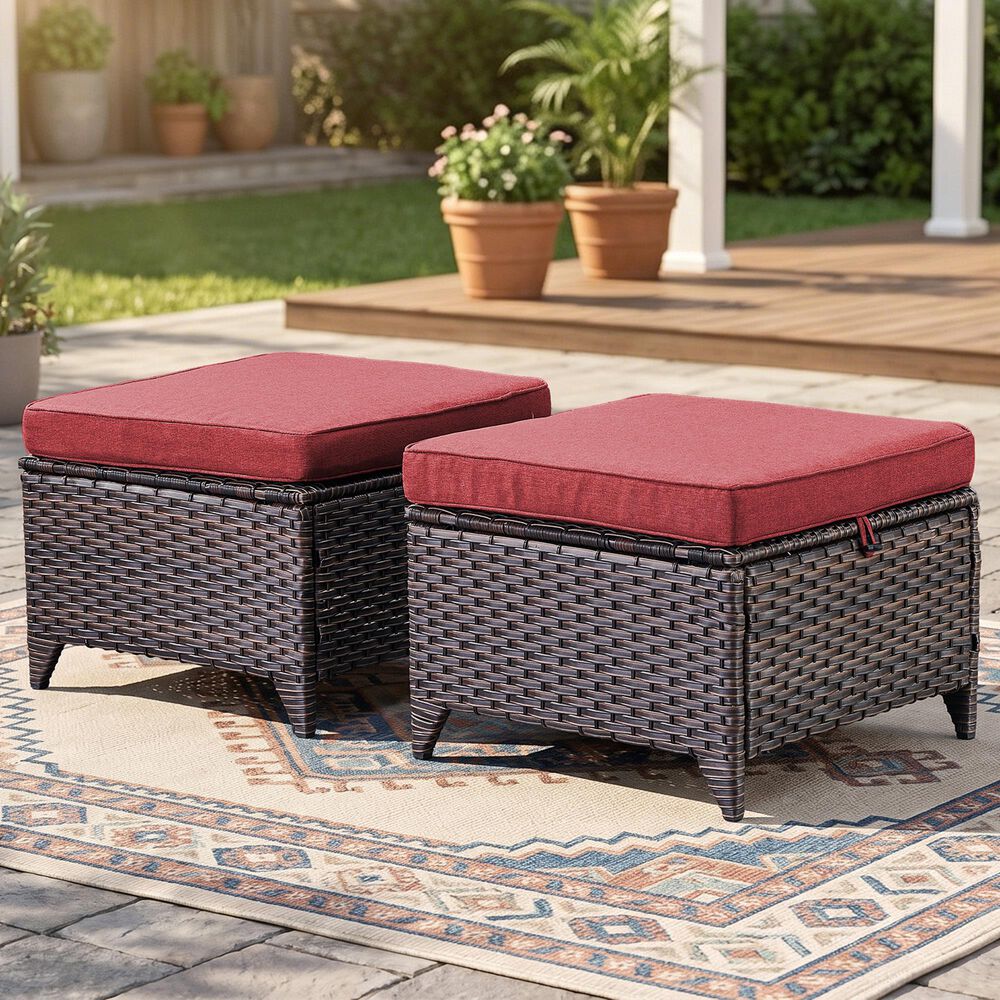 Sunwell Garden Outdoor Ottoman with Brown Rattan in Red (Set of 2), , large
