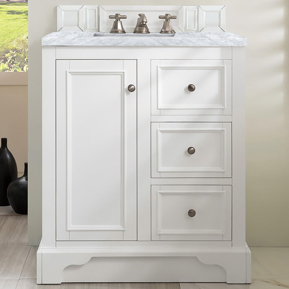 James Martin Vanities De Soto 30&quot; Single Bathroom Vanity in Bright White with 3 cm Carrara White Marble Top and Rectangular Sink, , large