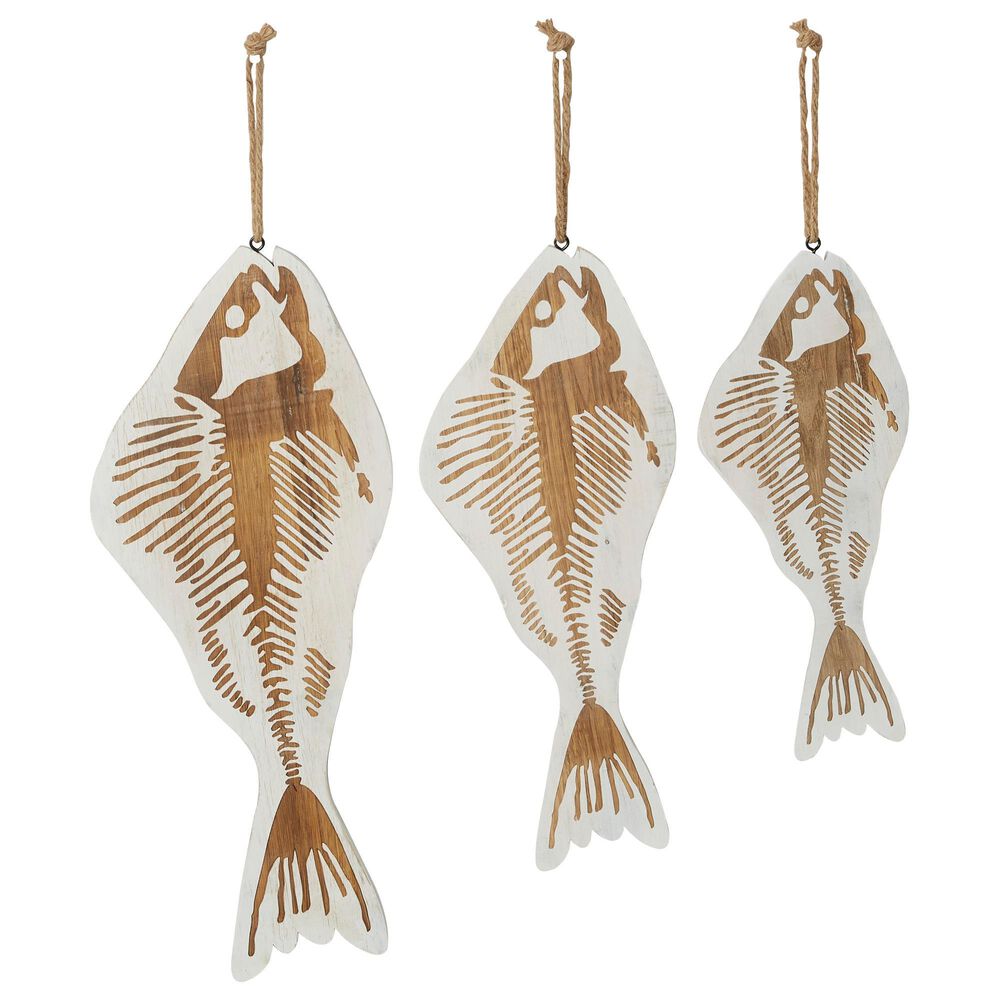 Maple and Jade 30" x 10.5" Coastal Fish Wall Decor in Brown and White (Set of 3), , large