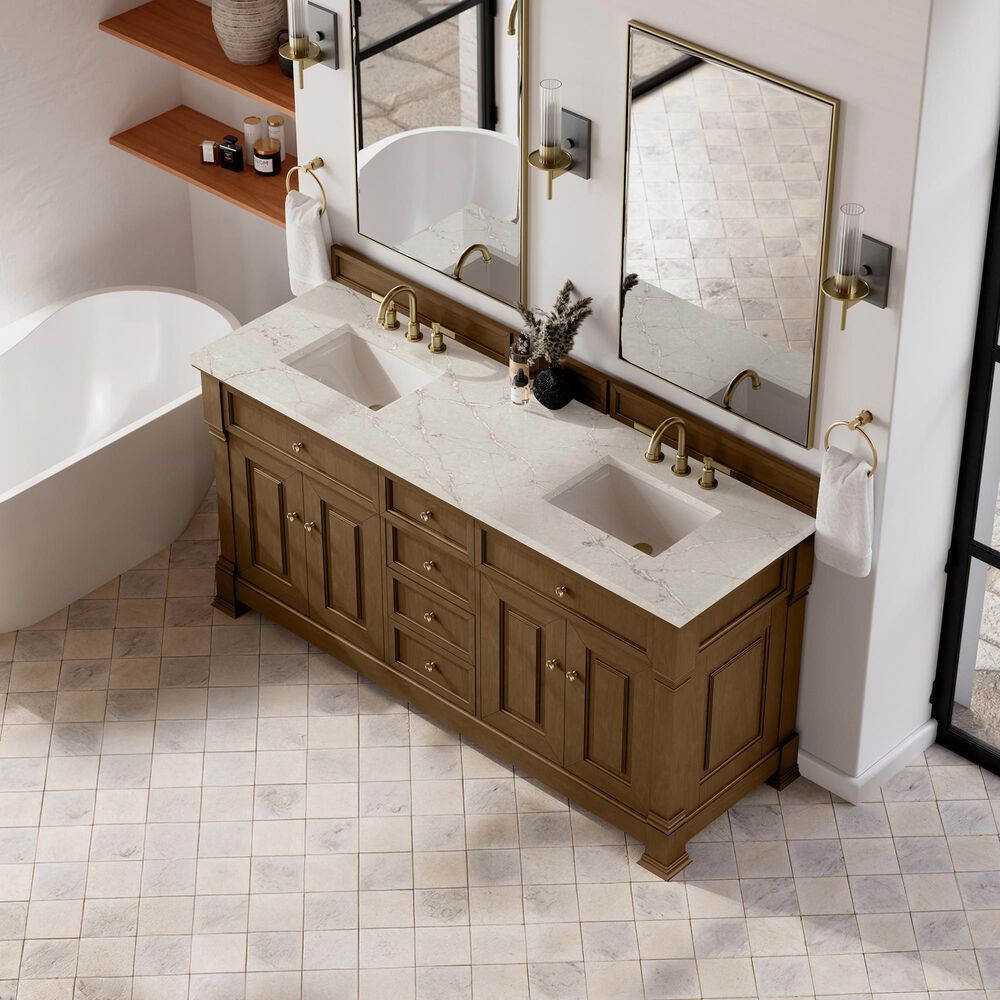 James Martin Vanities Brookfield 72&quot; Double Bathroom Vanity in Honey Oak with 3cm Victorian Silver Quartz Top and Rectangular Sinks, , large