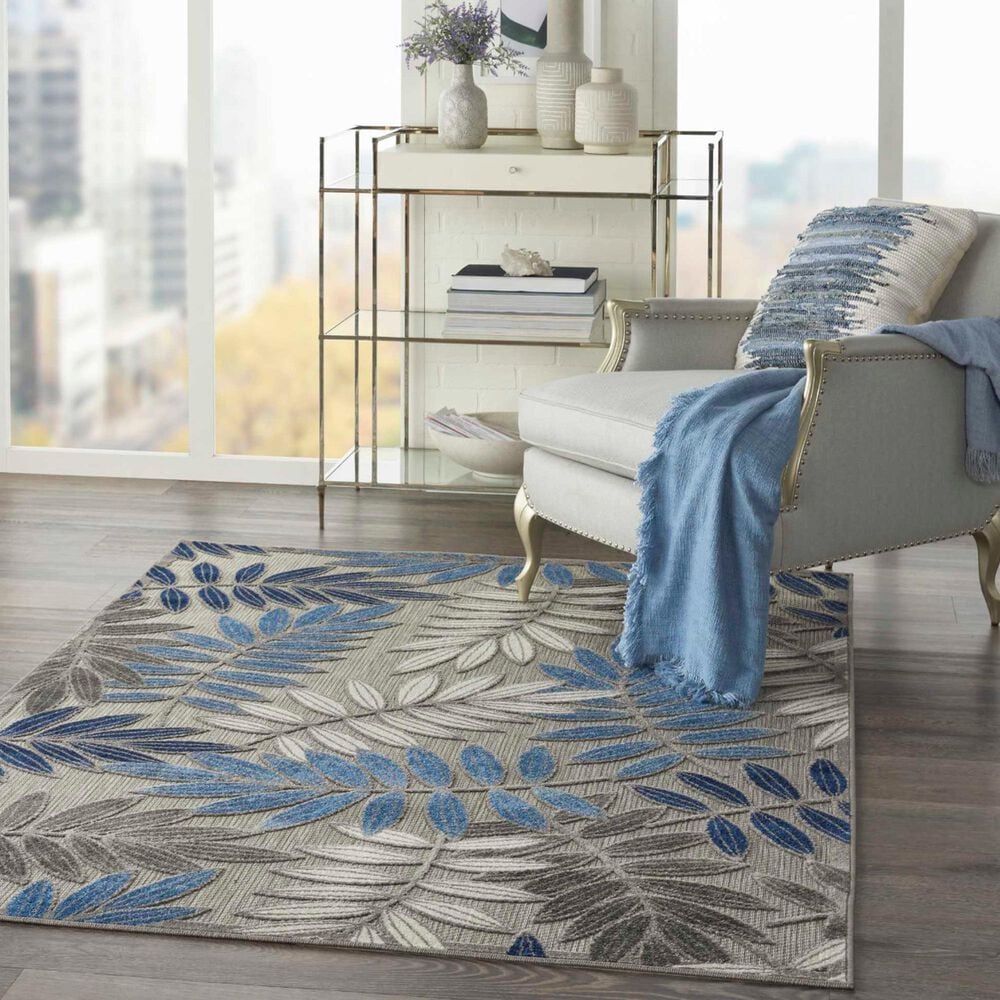 Nourison Aloha Floral 5&#39;3&quot; x 7&#39;5&quot; Grey and Blue Indoor/Outdoor Area Rug, , large