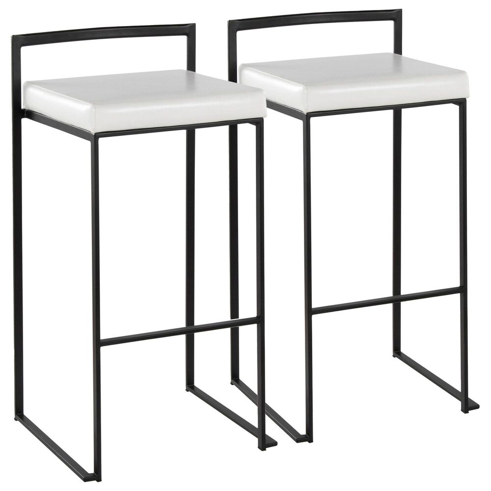 Lumisource Fuji Stackable Barstool with White Faux Leather Cushion in Black (Set of 2), , large