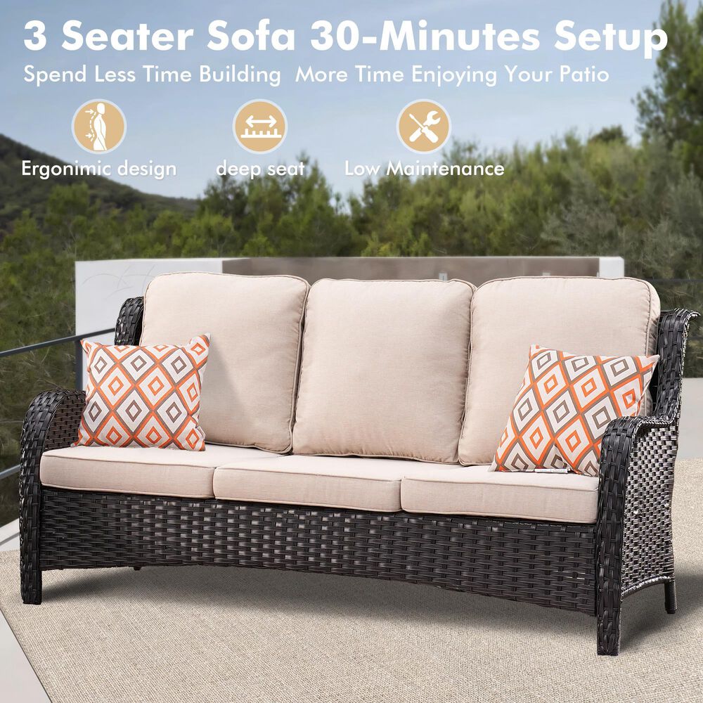 HOMLUX 3-Piece 72" Patio Sofa and Ottoman Set with Brown Wicker in Beige, , large