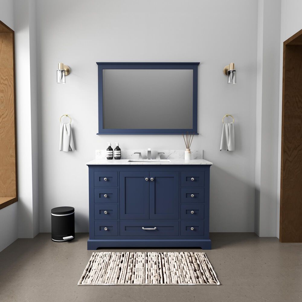 Lexora Home Dukes 48" Single Bathroom Vanity in Navy Blue with 2 cm White Carrara Marble Top and Rectangular Sink, , large
