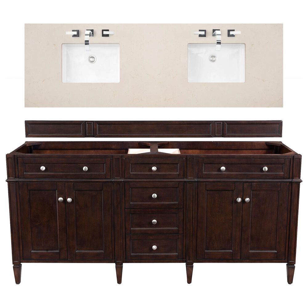James Martin Vanities Brittany 72" Double Bathroom Vanity in Burnished Mahogany with 3 cm Eternal Marfil Quartz Top and Rectangle Sinks, , large