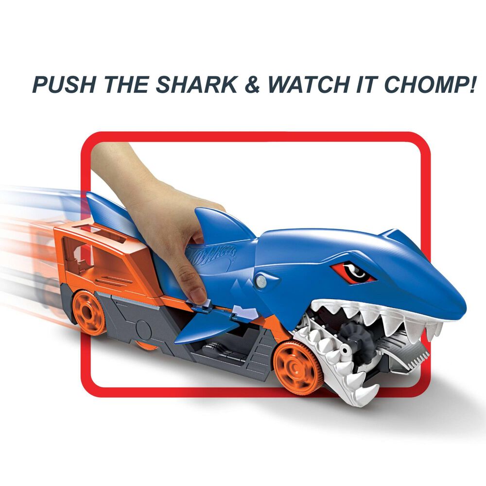 Hot Wheels Shark Chomp Transporter with 1:64 Scale Car in Blue, , large