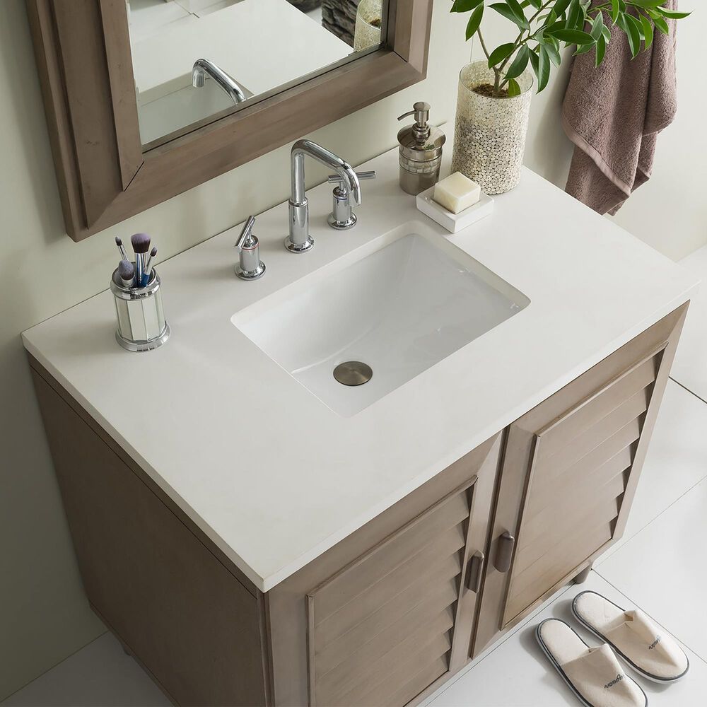 James Martin Vanities Portland 36&quot; Single Bathroom Vanity in Whitewashed Walnut with 3 cm White Zeus Quartz Top and Rectangular Sink, , large
