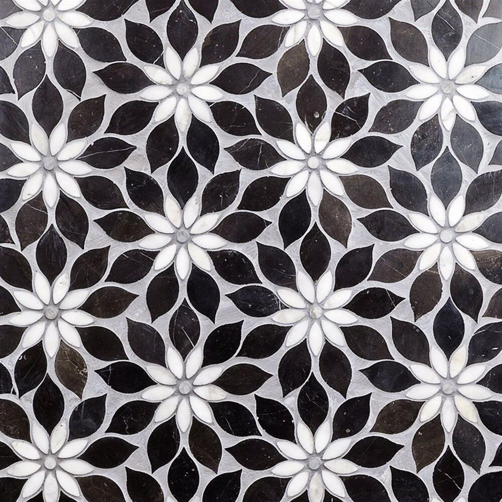 Soho Studio MJ Rain Flower Black Jade and Calacatta 12.4" x 14.13" Marble Mosaic Sheet, , large