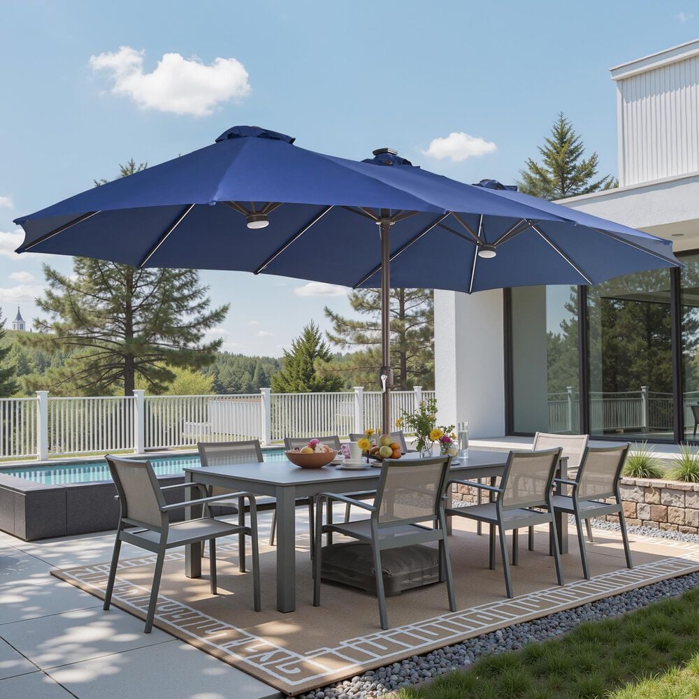 HOMLUX 15' Double-Sided Outdoor Market Umbrella with Sandbag Base and RGB LED Lights in Royal Blue, , large