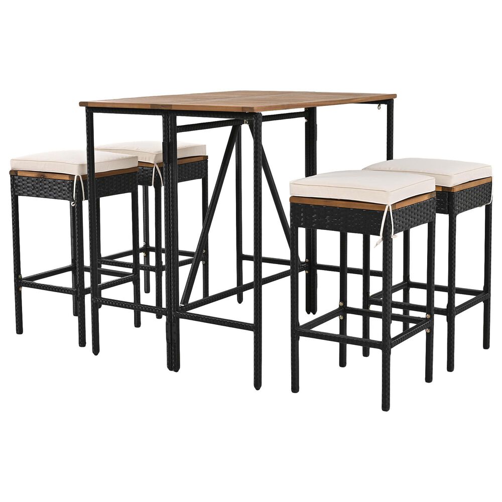 Hearth and Haven 5-Piece Outdoor Patio Wicker Bar Set with Off-White Cushion in Black and Brown, , large