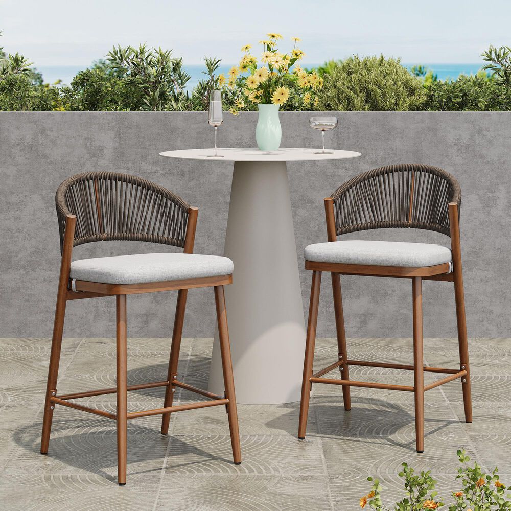 Hearth and Haven 26" Outdoor Counter Stool with Teak Frame in Light Gray (Set of 2), , large