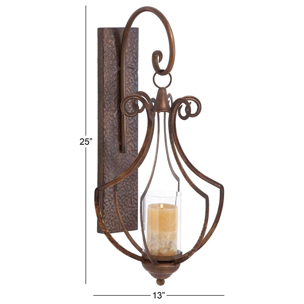 Maple and Jade 25&quot; Single Scroll Indoor/Outdoor Wall Mount Candle Holder in Weathered Bronze and Clear, , large