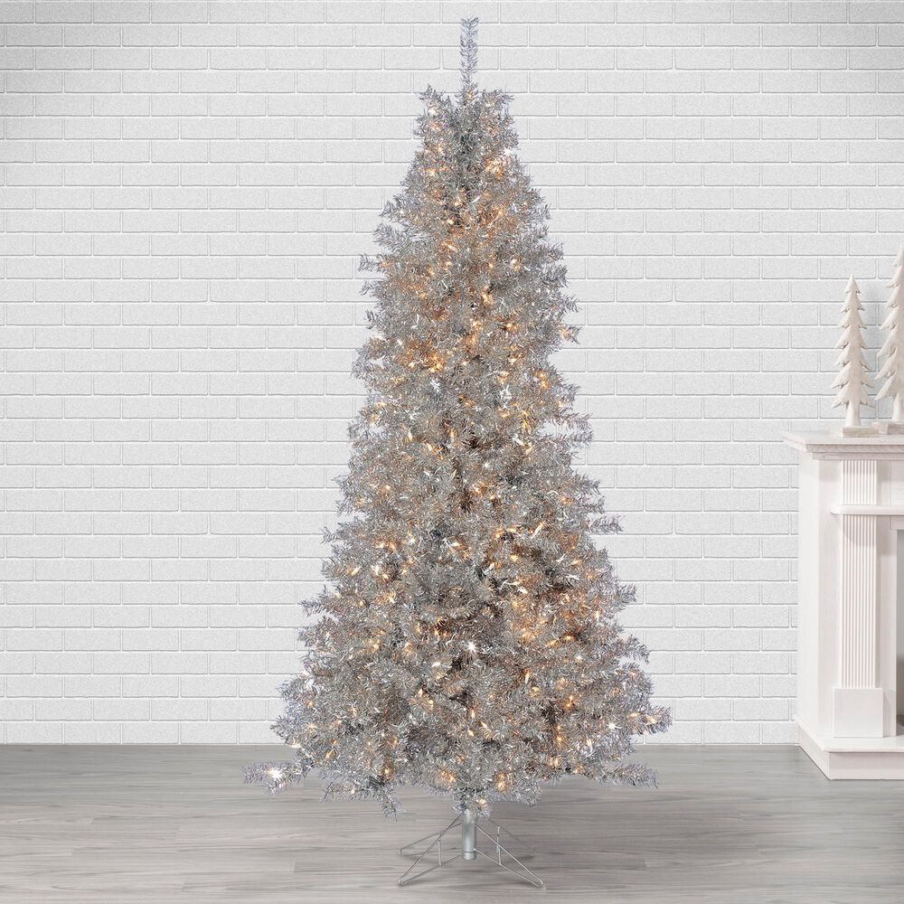 The Gerson Company 7.5&#39; Pre-Lit Tinsel Artificial Christmas Tree in Silver, , large