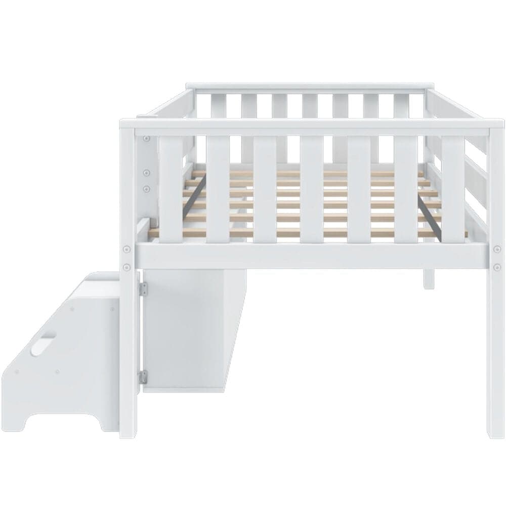 Birch Hollow Scandinavian Low Loft Twin Bed with Bookcase and Stepstool in White, , large