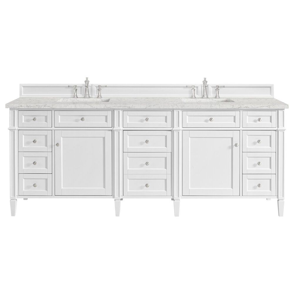 James Martin Brittany 84" Double Bathroom Vanity in Bright White with 3 cm Eternal Jasmine Pearl Top, Rectangular Sinks and FreePower Wireless Charger, , large