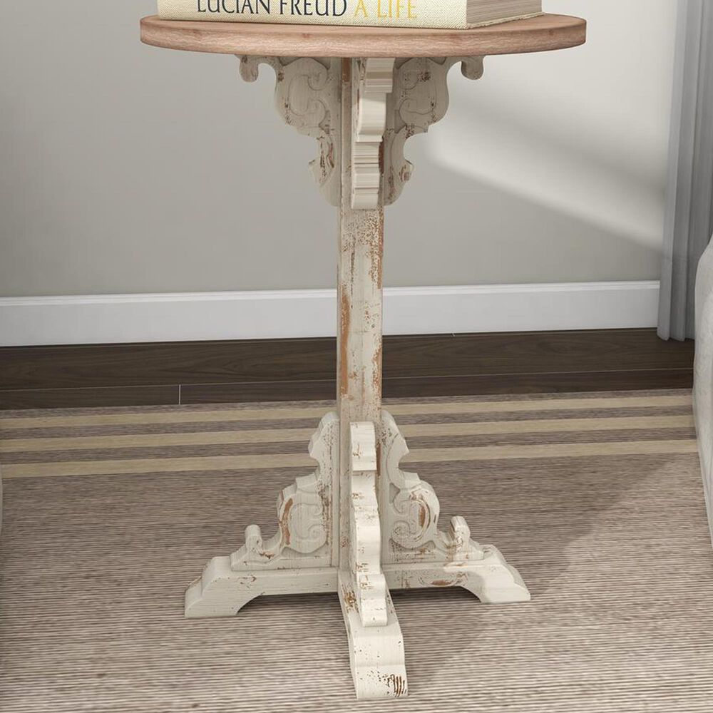 Maple and Jade Pedestal Scroll Accent End Table in Distressed White and Dark Brown, , large