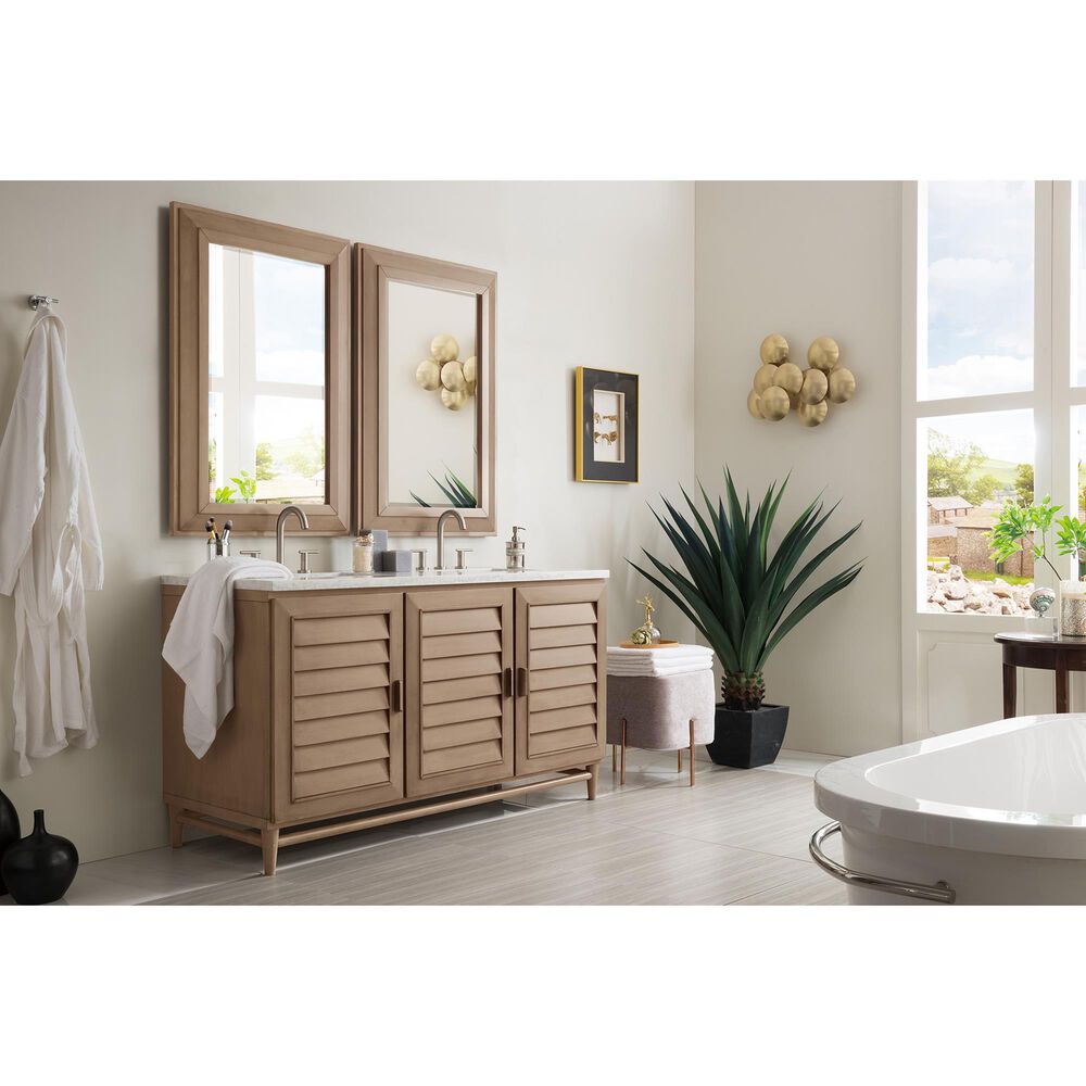 James Martin Vanities Portland 60&quot; Double Bathroom Vanity in Whitewashed Walnut with 3 cm Arctic Fall Solid Surface Top and Rectangular Sinks, , large