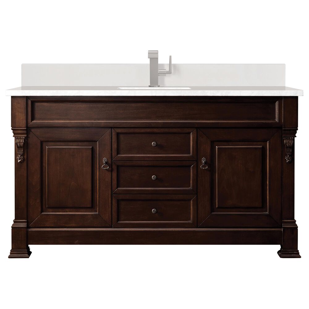 James Martin Vanities Brookfield 60" Single Bathroom Vanity in Burnished Mahogany with Single Hole 3 cm White Zeus Quartz Top and Rectangular Sink, , large