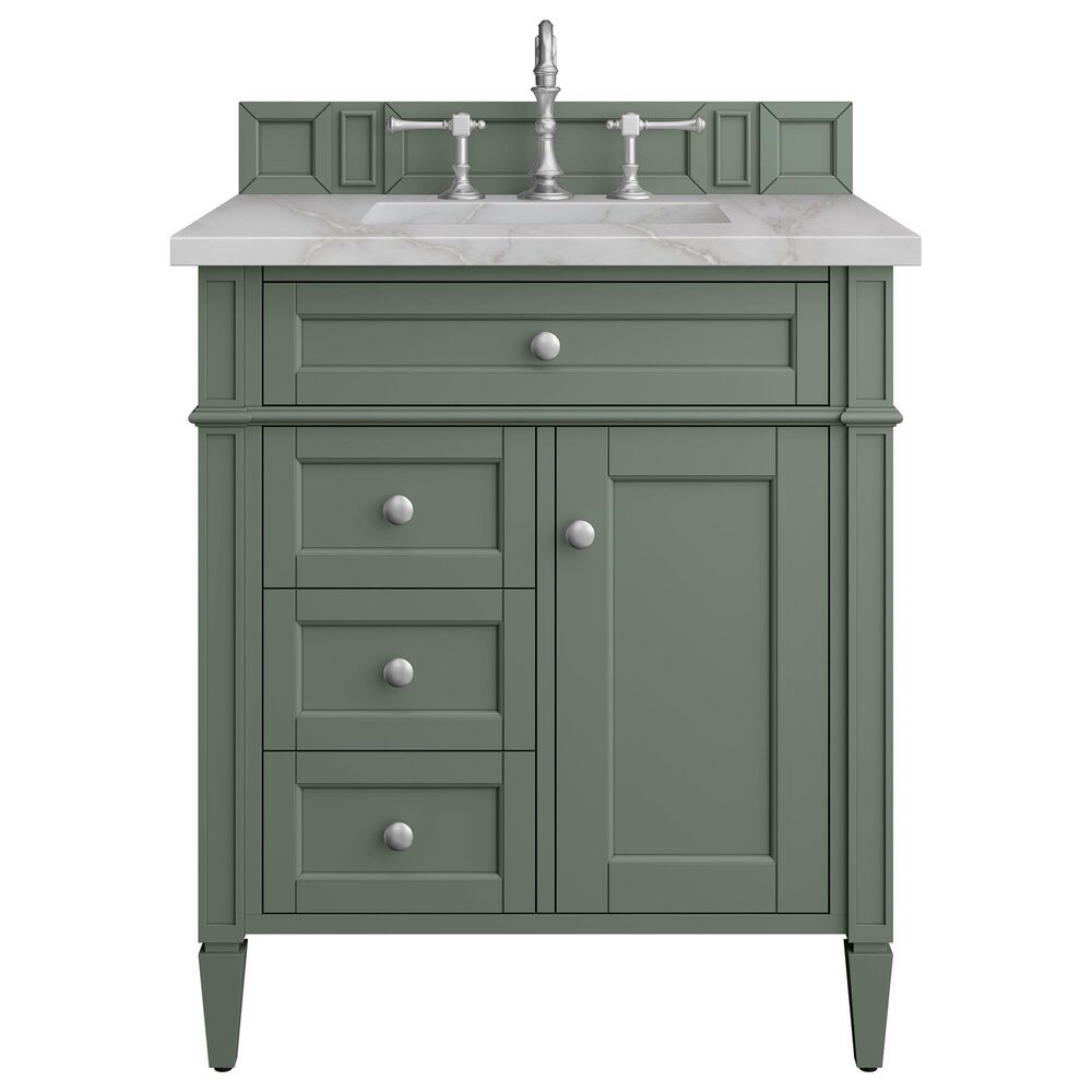 James Martin Vanities Brittany 30" Single Bathroom Vanity in Smokey Celadon with 3 cm Victorian Silver Quartz Top and Rectangular Sink, , large