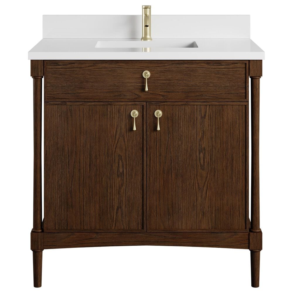 James Martin Kinnsden 36" Single Bathroom Vanity in Sable Oak with Single Hole 3 cm White Zeus Silestone Top and Rectangular Sink, , large