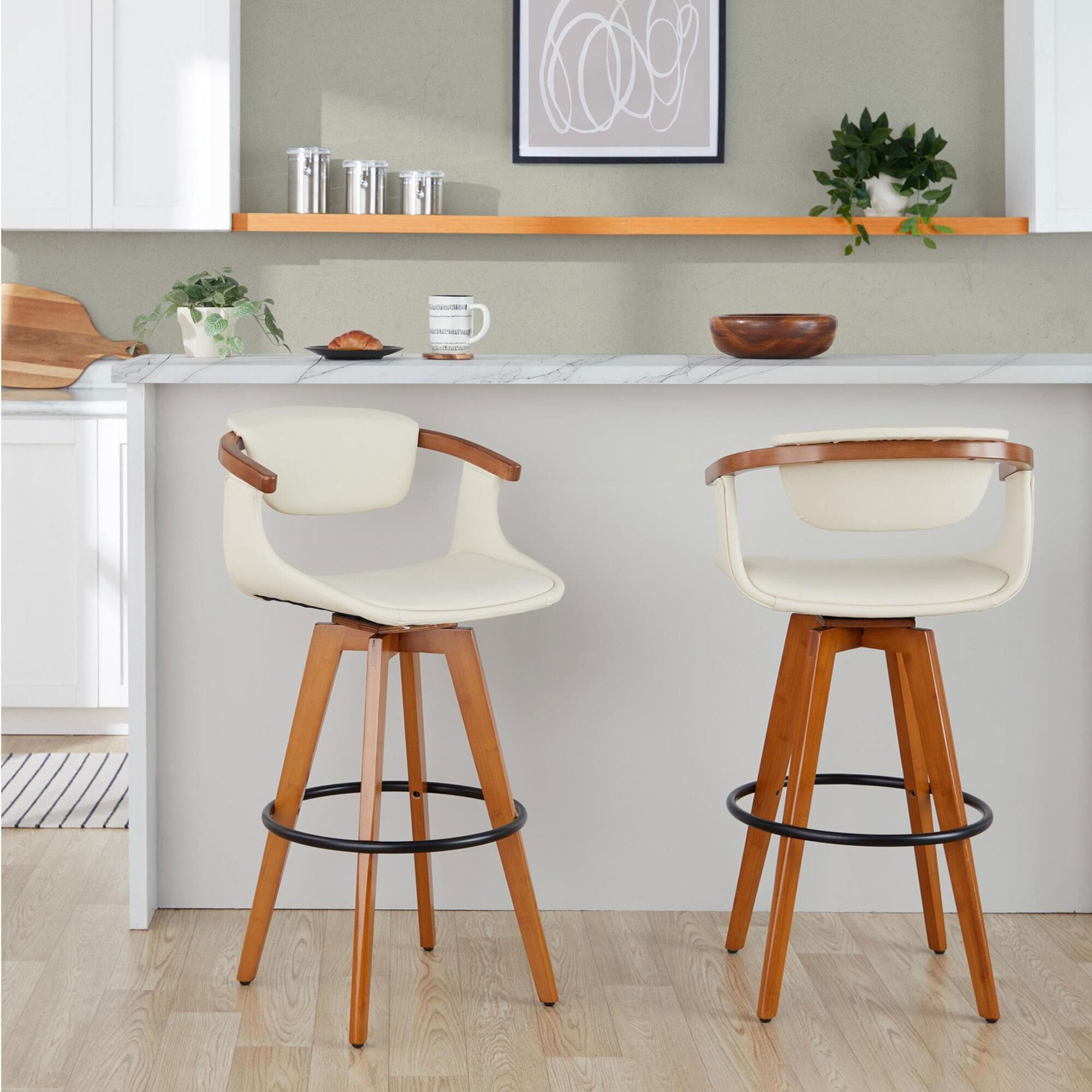 LumiSource Oracle Swivel Barstool with Cream Cushion in Walnut and