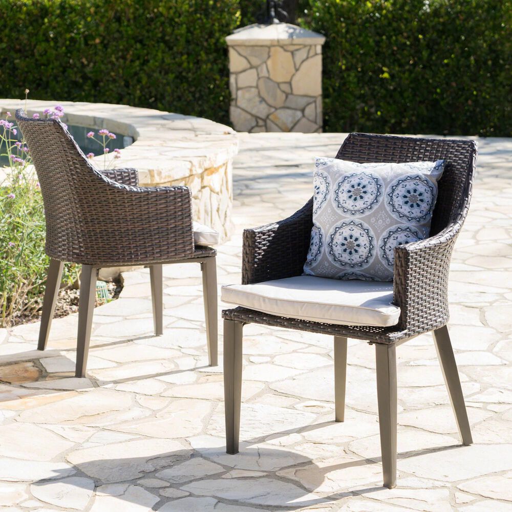 Hearth and Haven Hillhurst Outdoor Rattan Chair with Sloped Arms and Cushion in Brown &#40;Set of 2&#41;, , large