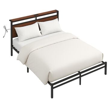 HOMLUX Full Platform Bed with LED Headboard in Rustic Brown, , large