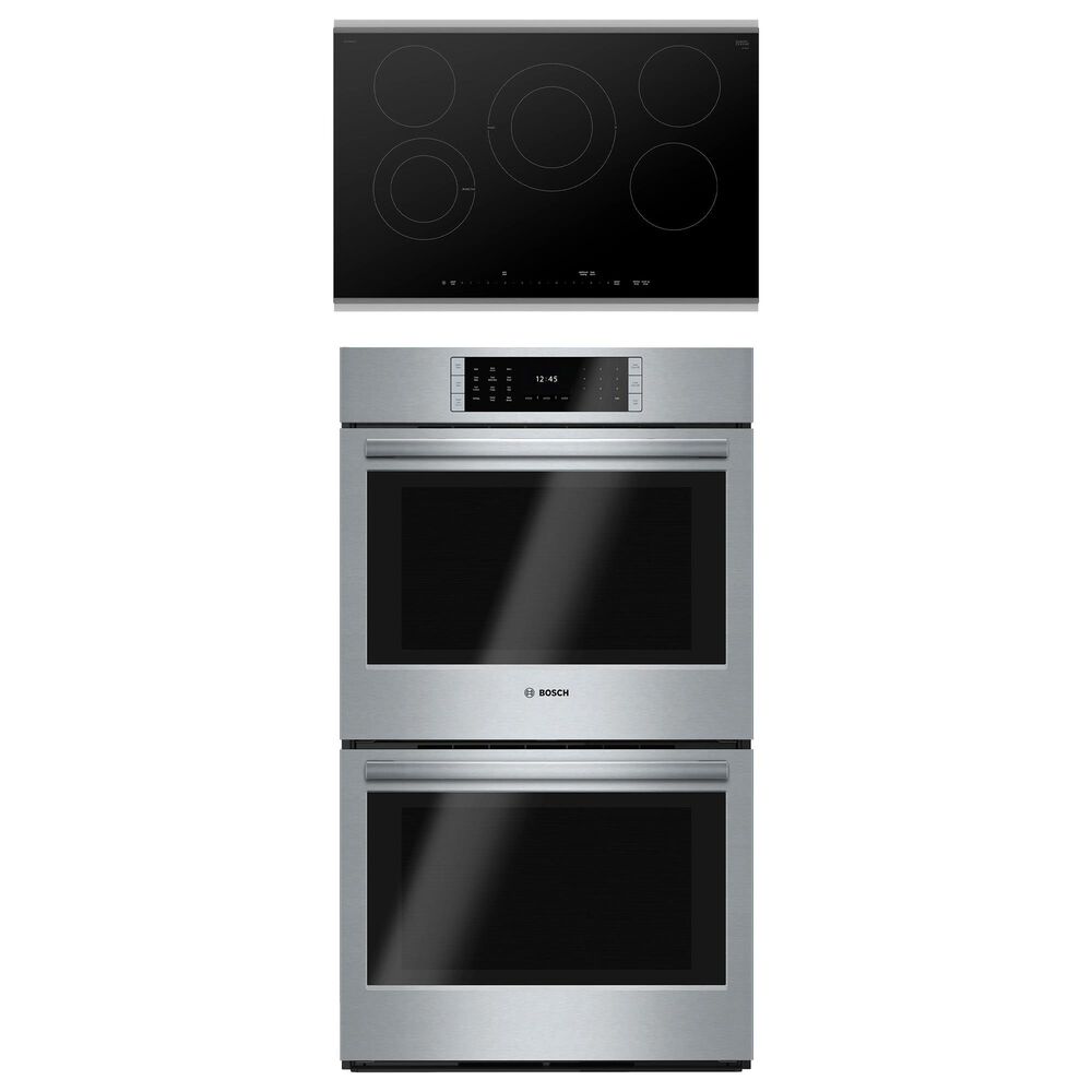 Bosch Benchmark 2-Piece Kitchen Package with Stainless Steel 9.2 Cu. Ft. Double Wall Oven and Black 30" Electric Cooktop, , large