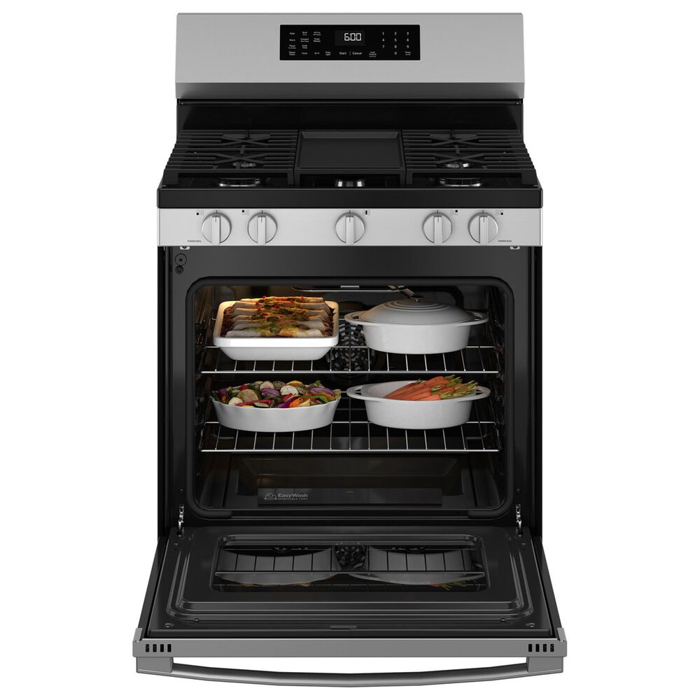 GE Appliances 2-Piece Kitchen Package with 5.3 Cu. Ft. Free-Standing Gas Range and 1.9 Cu. Ft. Over-The-Range Microwave in Stainless Steel and Black, , large