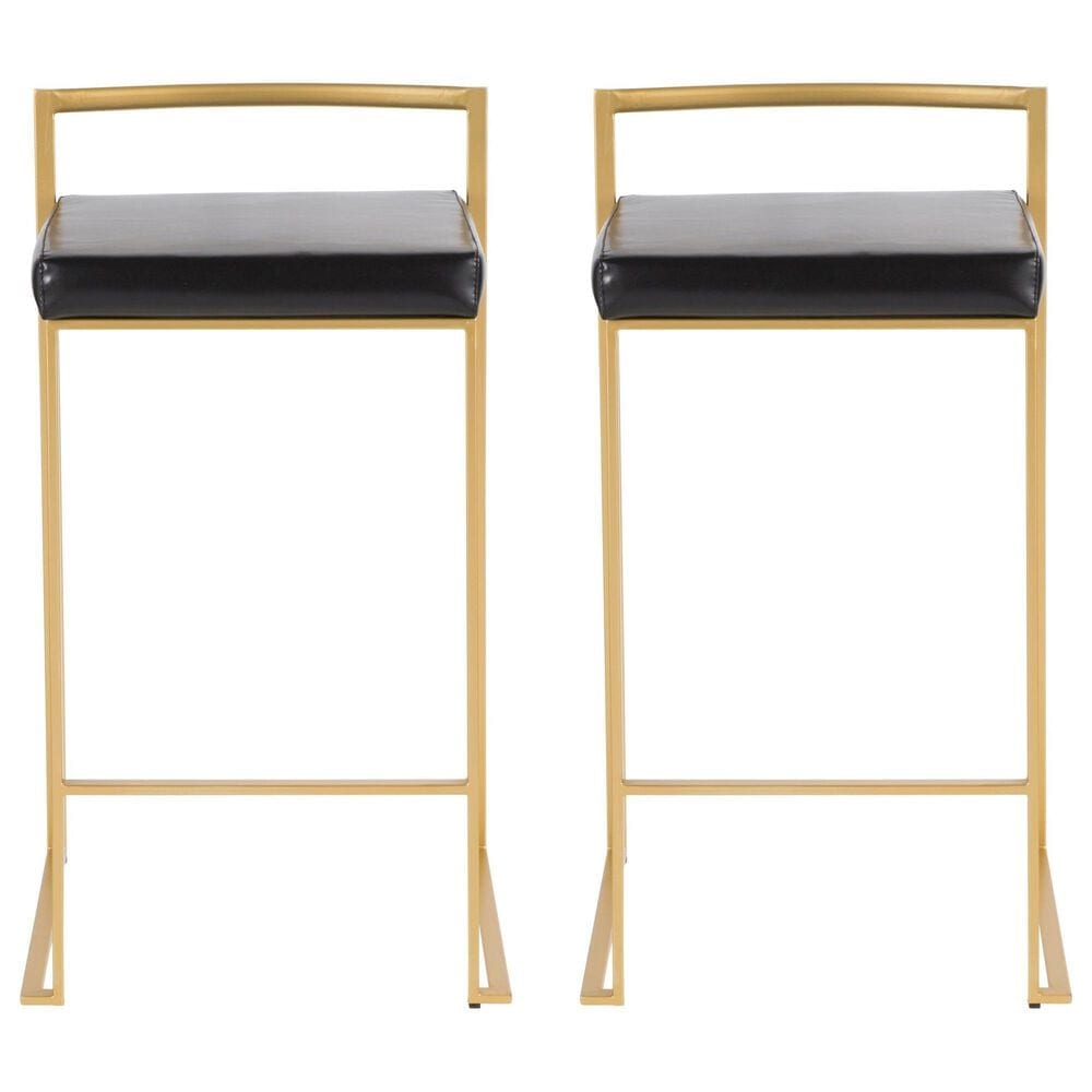 LumiSource Fuji 26" Stacker Counter Stool with Black Upholstery in Gold (Set of 2), , large