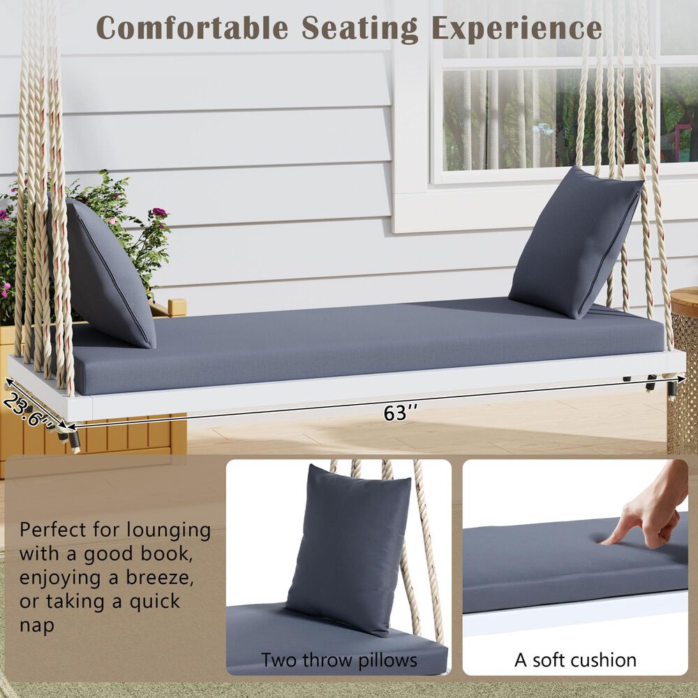 Hearth and Haven Topmax Outdoor Hanging Porch Swing Bench with Dark Gray Cushion in White, , large