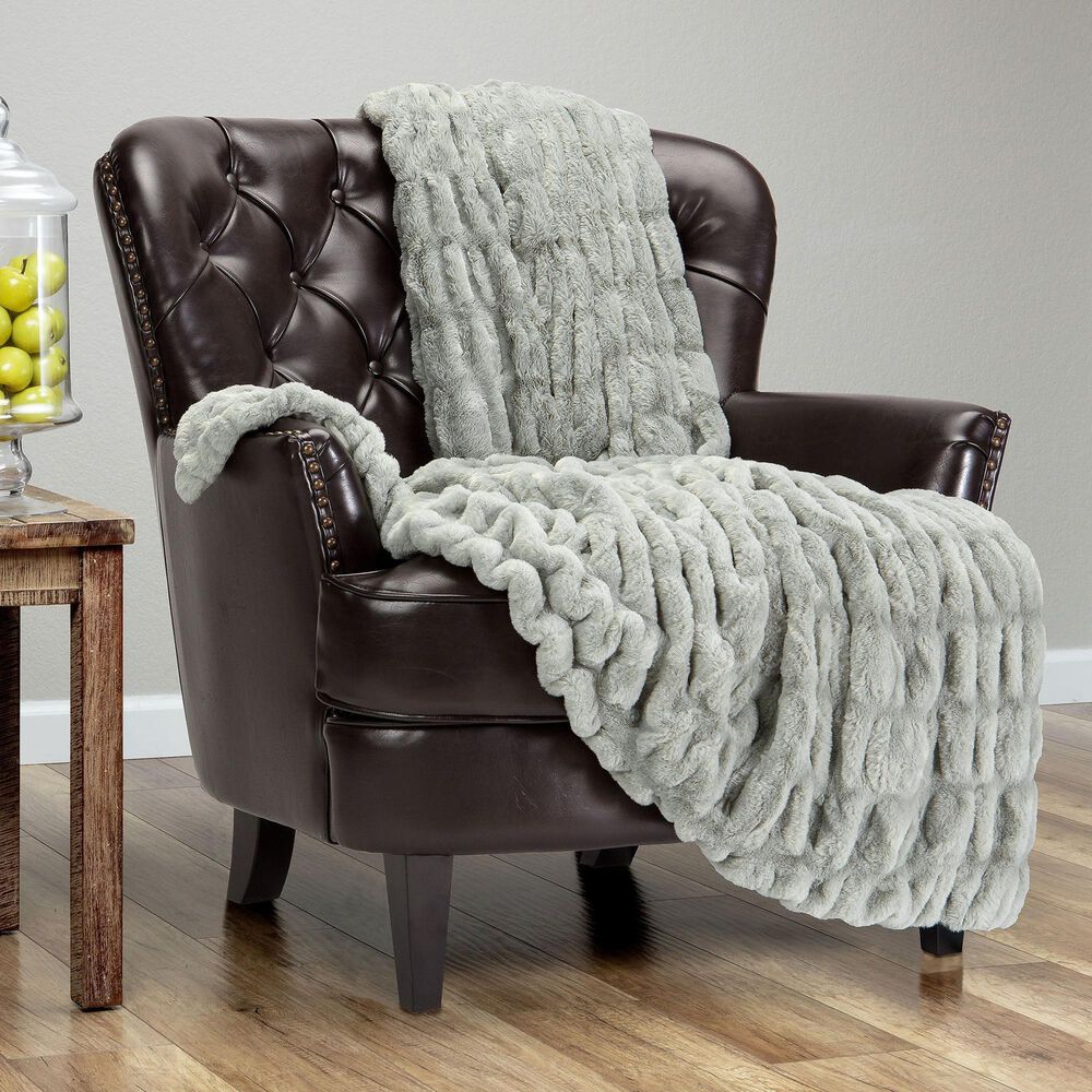 50&quot; x 65&quot; Ruched Faux Fur Throw Blanket in Tan Sage, , large