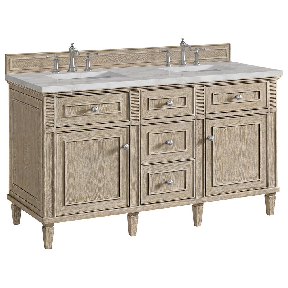 James Martin Vanities Lorelai 60" Double Bathroom Vanity in Whitewashed Oak with 3 cm Eternal Jasmine Pearl Silestone Top, Rectangular Sinks and FreePower Wireless Charger, , large