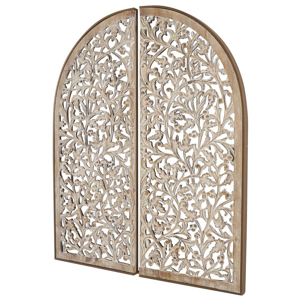 Maple and Jade 36&quot; x 15&quot; Floral Arched Wall Decor with Intricate Carvings in Brown and Whitewashed &#40;Set of 2&#41;, , large